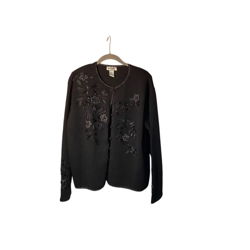 Tiara international vintage, women’s black, embellished, beaded cardigan, sweate